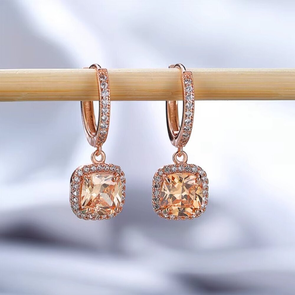 NEW 14k Rose Gold Champagne Diamond Hoop Earrings Cushion Cut Drop Earrings